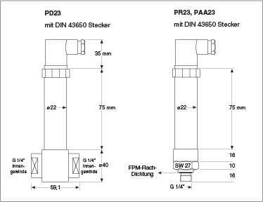 Abmessungen der Druckaufnehmer PAA23,  PR23 und  PD23
