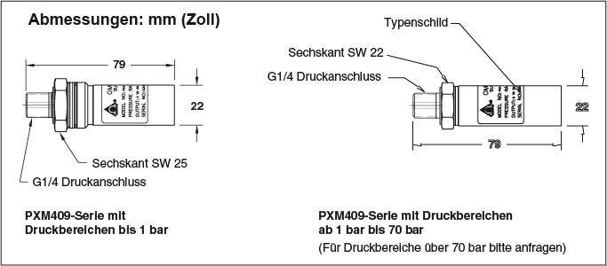 Abmessungen der Druckaufnehmer PXM409, PXM419 und PXM459, 