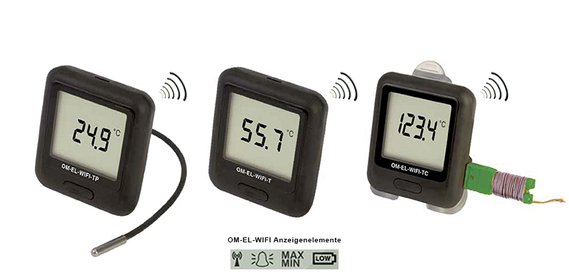 OM-EL-WIFI-TP mit abnehmbarem Fühler, OM-EL-WIFI-T mit internem Sensor für Temperatur, OM-EL-WIFI-TC mit Thermoelement Typ K (Halterung und Thermoelement sind im Lieferumfang enthalten)