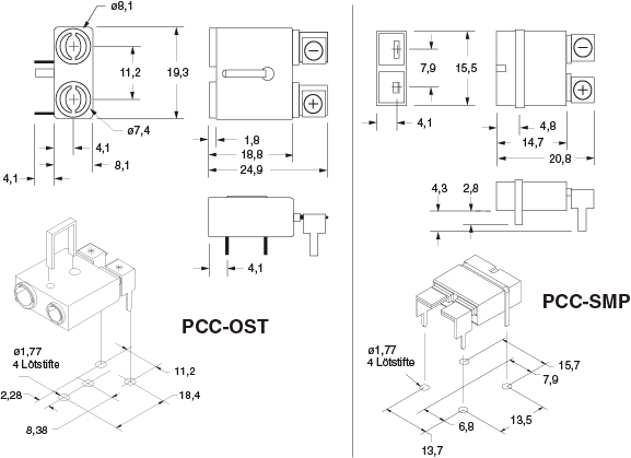 Abmessungen von PCC-OST und; PCC-SMP